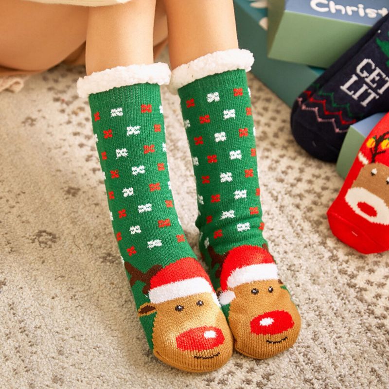 Mujeres Cálido Invierno Al Aire Libre Estilo Navideño Santa Claus Elk Pattern Plus Velvet Thicken Home Sleep Calcetines Calcetines De Tubo