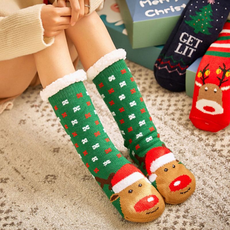 Mujeres Cálido Invierno Al Aire Libre Estilo Navideño Santa Claus Elk Pattern Plus Velvet Thicken Home Sleep Calcetines Calcetines De Tubo