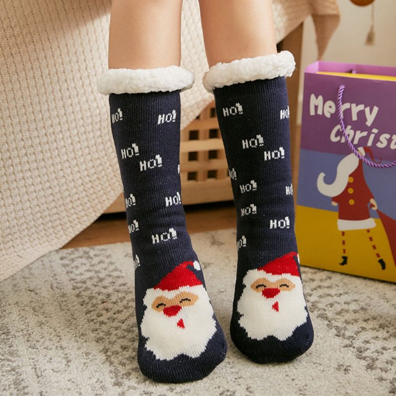 Mujeres Cálido Invierno Al Aire Libre Estilo Navideño Santa Claus Elk Pattern Plus Velvet Thicken Home Sleep Calcetines Calcetines De Tubo