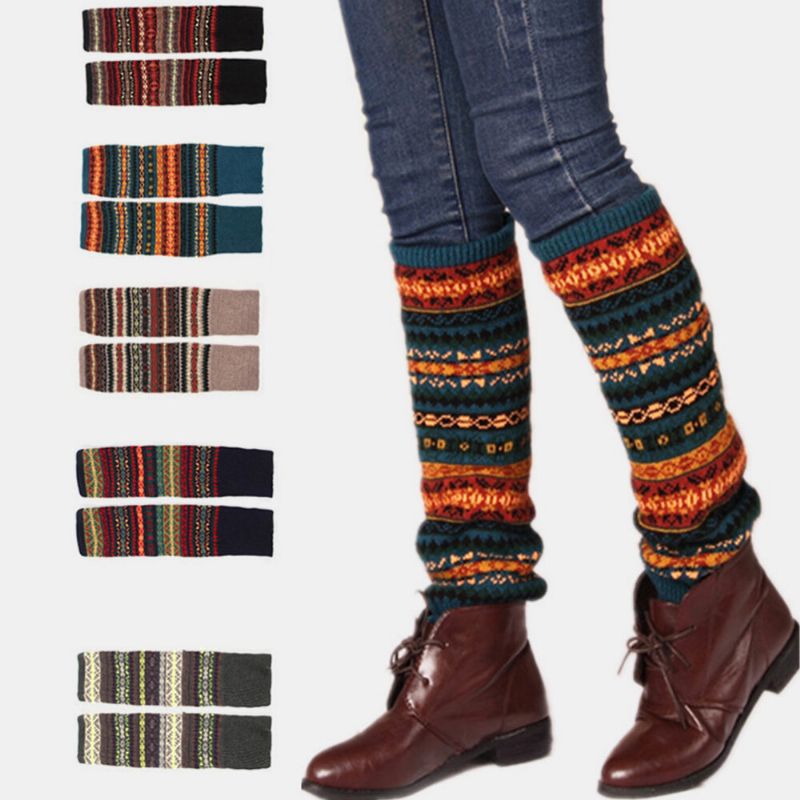 Mujeres Lana Plus Espesar Mantener Caliente Patrón De Rayas Botas De Invierno Cubrir Leggings Calcetines Medias