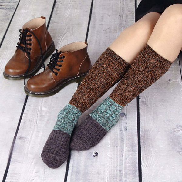 Mujeres Niñas Tejer Crochet Rayas Piernas Calcetines Estilo Harajuku Color Mezclado Patchwork Medias Altas