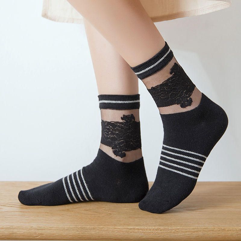 Vogue Lace Cottton Stripe Tobilleras Calcetines De Desodorización Transpirables Antideslizantes De Ocio Para Mujeres