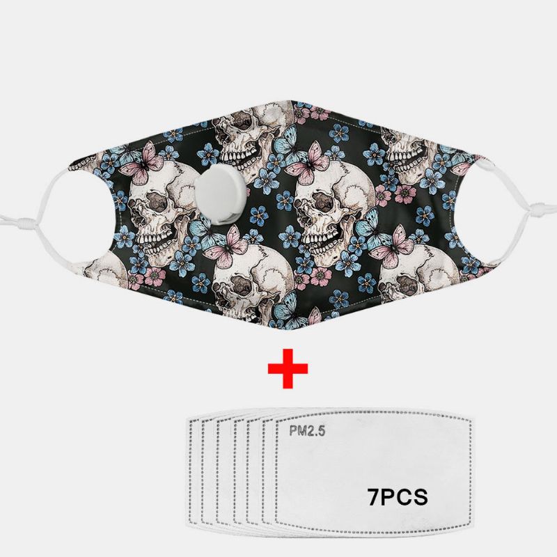 Unisex 7pcs Pm2.5 Filtro De Calavera Con Impresión De Máscaras No Desechables Con Máscara De Respiración