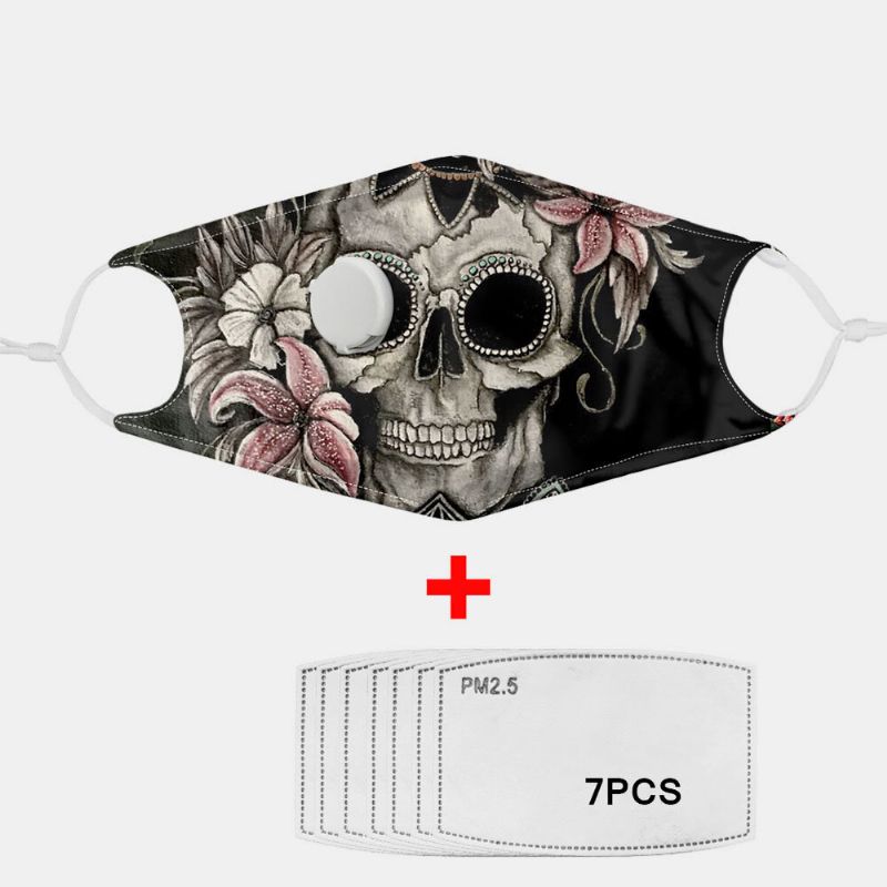 Unisex 7pcs Pm2.5 Filtro De Calavera Con Impresión De Máscaras No Desechables Con Máscara De Respiración