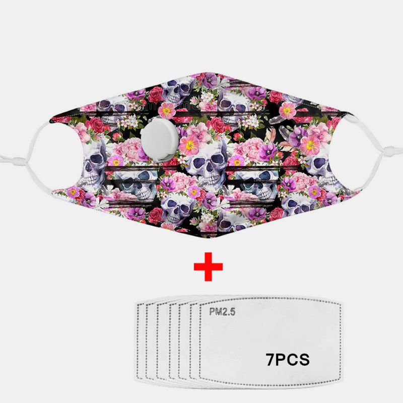 Unisex 7pcs Pm2.5 Filtro De Calavera Con Impresión De Máscaras No Desechables Con Máscara De Respiración