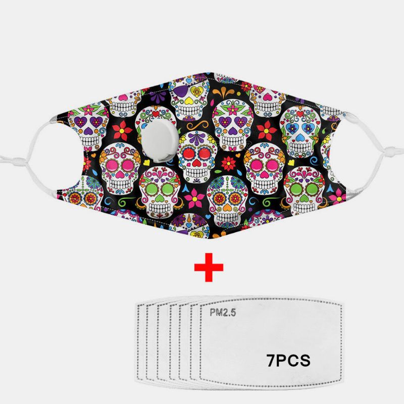 Unisex 7pcs Pm2.5 Filtro De Calavera Con Impresión De Máscaras No Desechables Con Máscara De Respiración