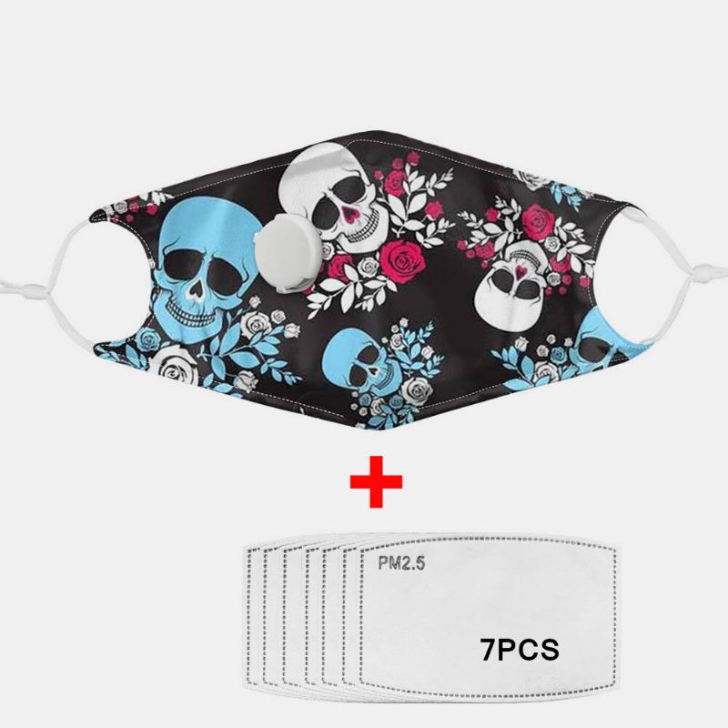 Unisex 7pcs Pm2.5 Filtro De Calavera Con Impresión De Máscaras No Desechables Con Máscara De Respiración