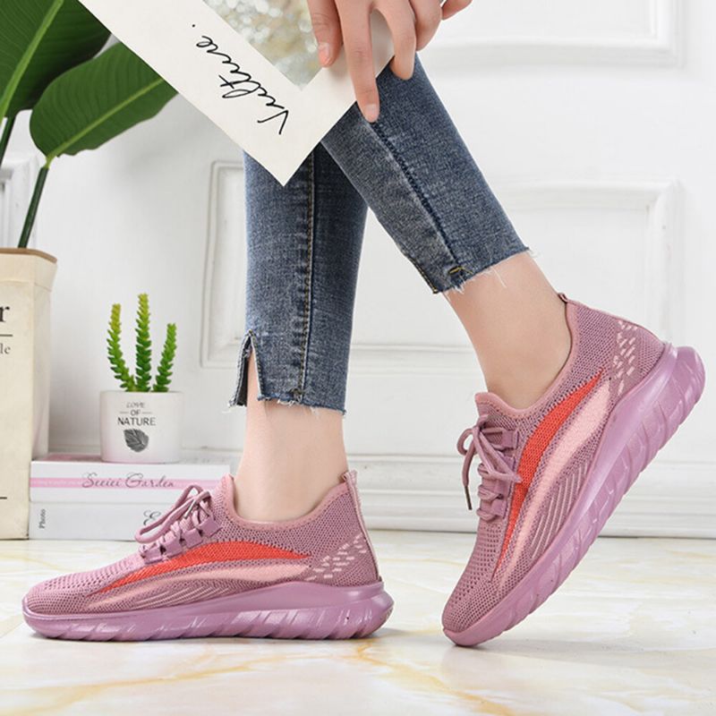 Zapatillas De Deporte Casuales Antideslizantes Transpirables Con Detalle De Rayas Tejidas Para Correr Para Mujer