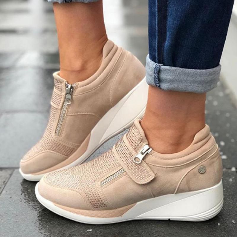 Zapatillas De Deporte Casuales Con Cuñas Con Cremallera Y Lazo De Malla Para Mujer