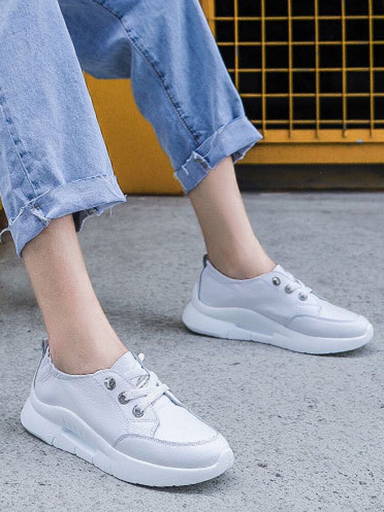 Zapatillas De Deporte Casuales De Plataforma Blanca Clásica De Cuero Para Mujer