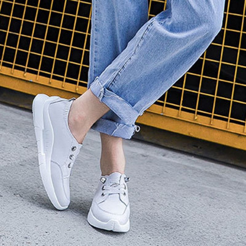 Zapatillas De Deporte Casuales De Plataforma Blanca Clásica De Cuero Para Mujer