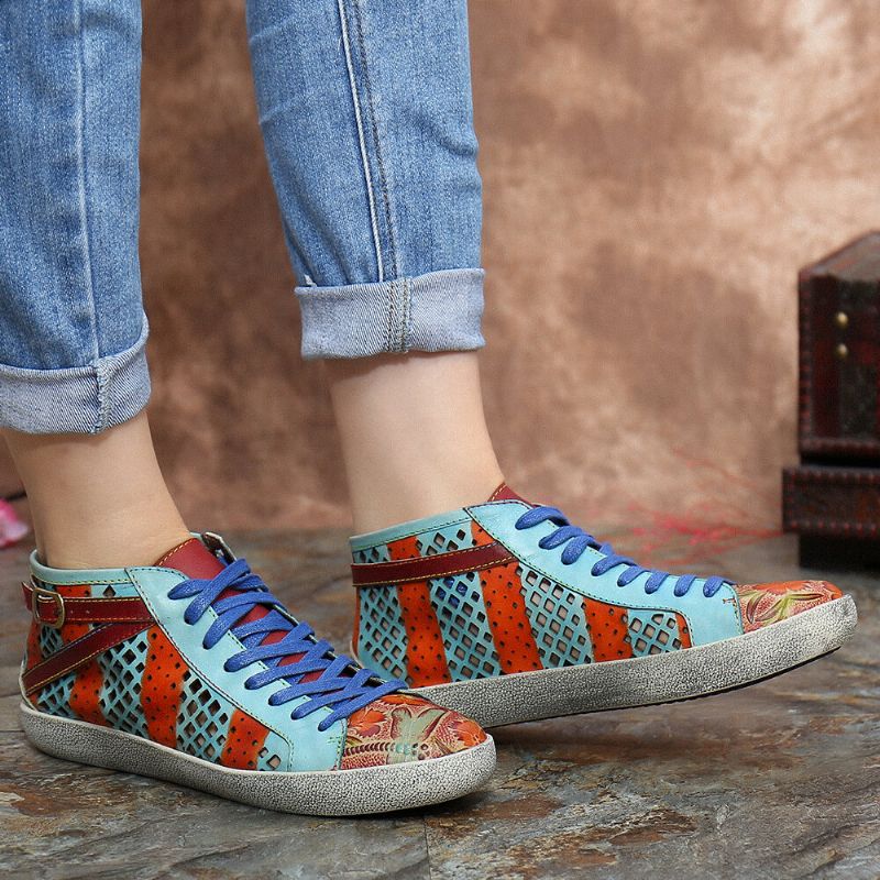 Zapatillas De Deporte Informales Con Cordones De Diseño De Hebilla De Empalme Con Recorte De Cuero Retro