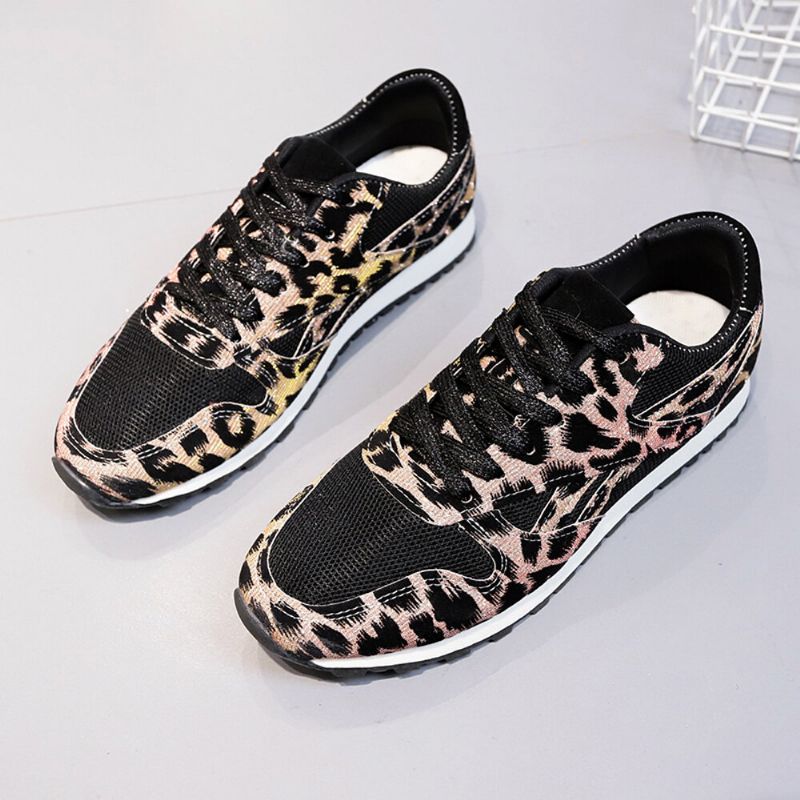 Zapatillas De Deporte De Leopardo Informales Cómodas Y Transpirables De Malla De Empalme Para Mujer