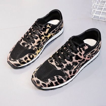 Zapatillas De Deporte De Leopardo Informales Cómodas Y Transpirables De Malla De Empalme Para Mujer