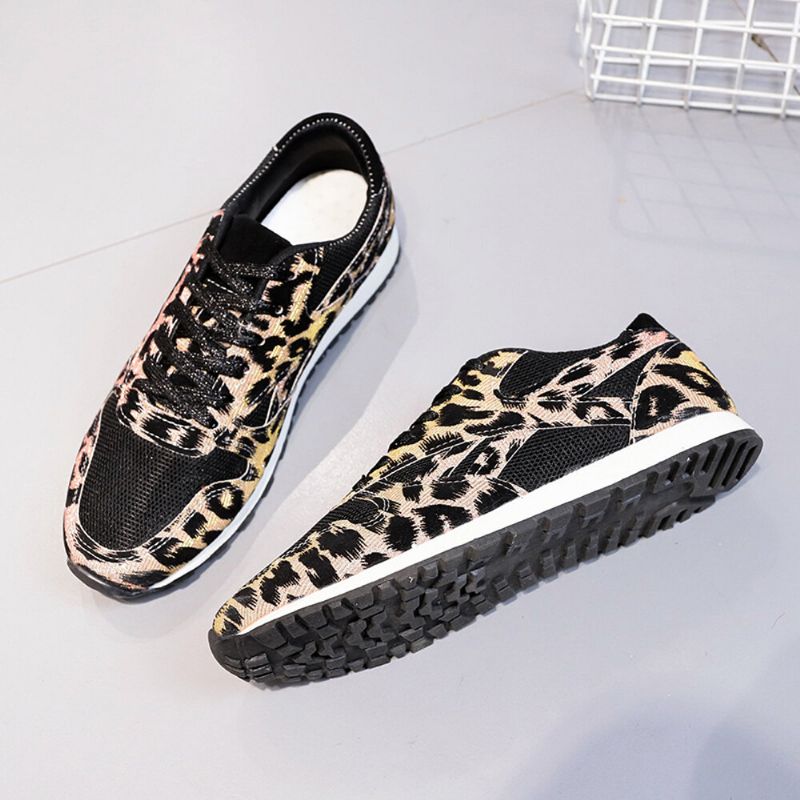 Zapatillas De Deporte De Leopardo Informales Cómodas Y Transpirables De Malla De Empalme Para Mujer