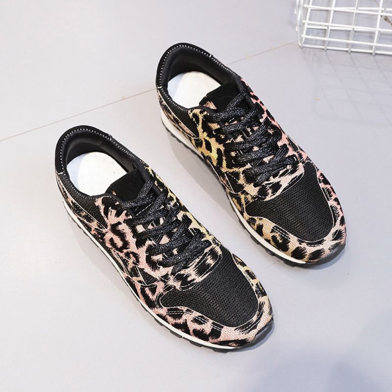 Zapatillas De Deporte De Leopardo Informales Cómodas Y Transpirables De Malla De Empalme Para Mujer