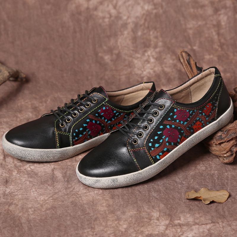 Zapatillas De Deporte Planas Con Cordones De Cuero Retro Con Costura Recortada Floral