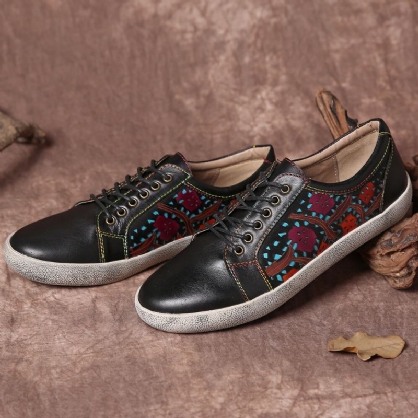 Zapatillas De Deporte Planas Con Cordones De Cuero Retro Con Costura Recortada Floral