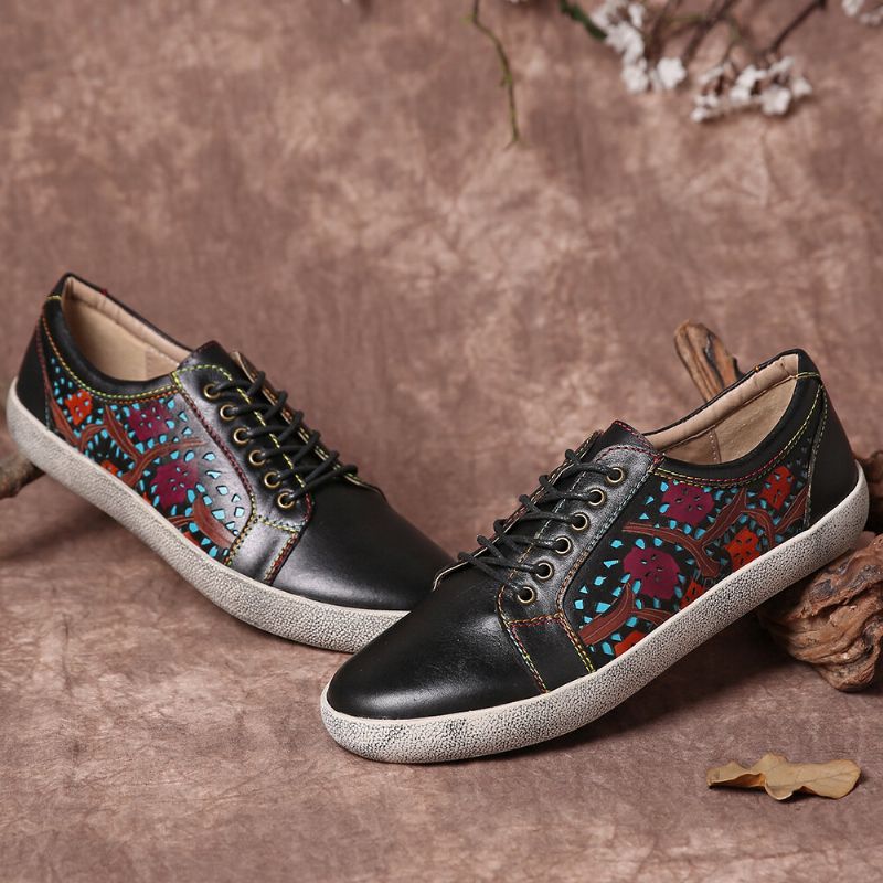 Zapatillas De Deporte Planas Con Cordones De Cuero Retro Con Costura Recortada Floral