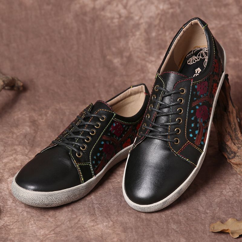 Zapatillas De Deporte Planas Con Cordones De Cuero Retro Con Costura Recortada Floral