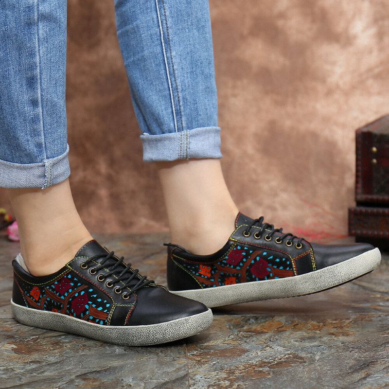 Zapatillas De Deporte Planas Con Cordones De Cuero Retro Con Costura Recortada Floral