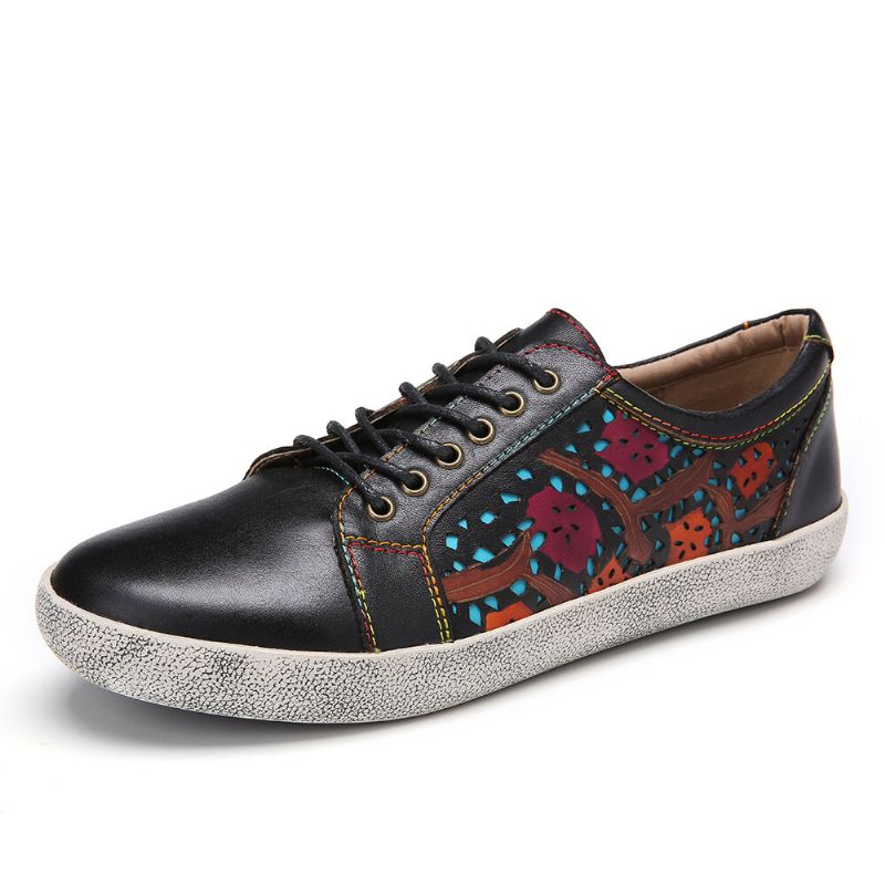 Zapatillas De Deporte Planas Con Cordones De Cuero Retro Con Costura Recortada Floral