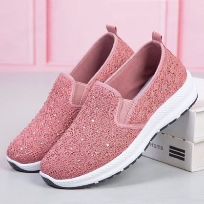 Zapatillas De Deporte Planas Suaves De Punto Transpirables Con Diamantes De Imitación Casuales Para Mujer