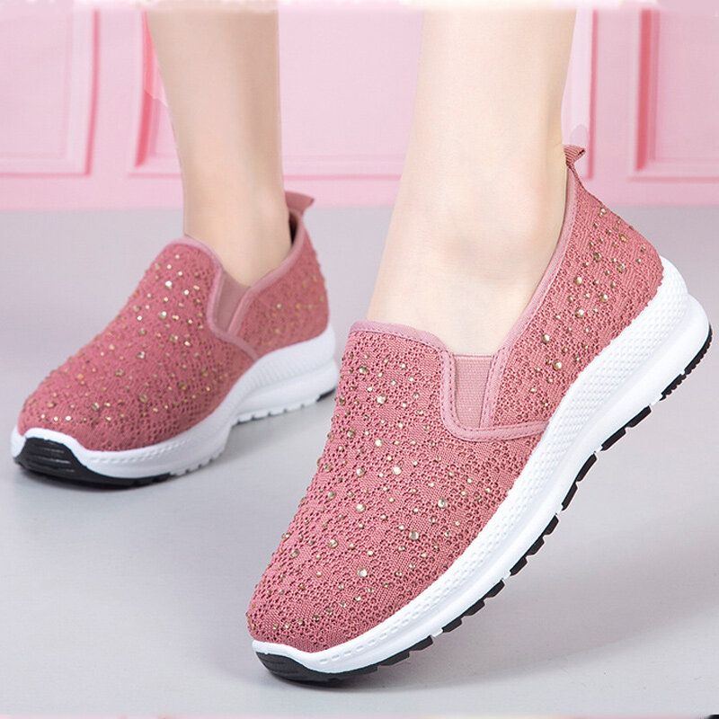 Zapatillas De Deporte Planas Suaves De Punto Transpirables Con Diamantes De Imitación Casuales Para Mujer