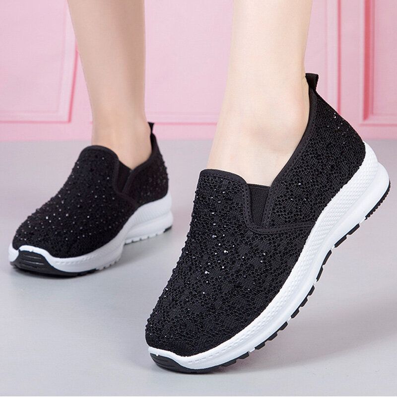 Zapatillas De Deporte Planas Suaves De Punto Transpirables Con Diamantes De Imitación Casuales Para Mujer