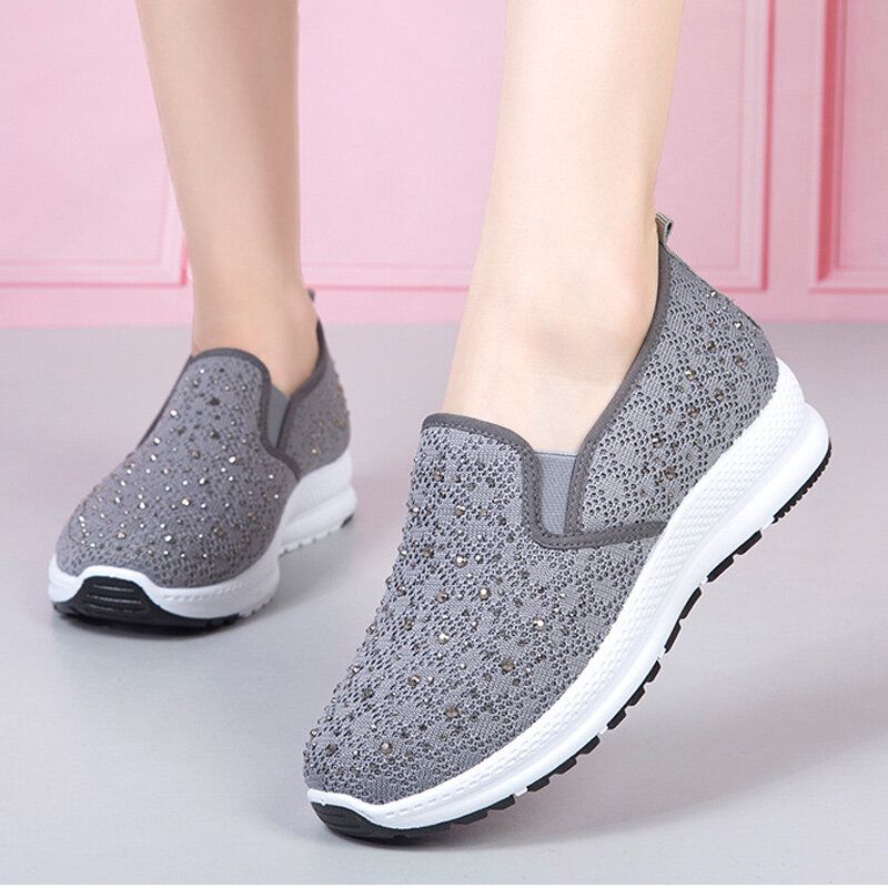 Zapatillas De Deporte Planas Suaves De Punto Transpirables Con Diamantes De Imitación Casuales Para Mujer