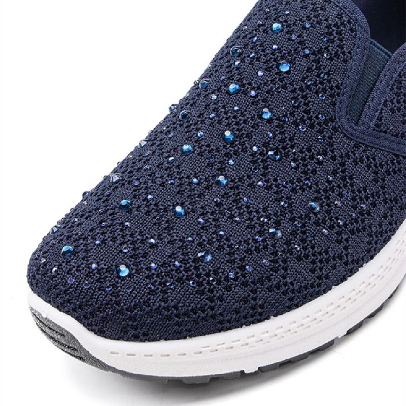 Zapatillas De Deporte Planas Suaves De Punto Transpirables Con Diamantes De Imitación Casuales Para Mujer