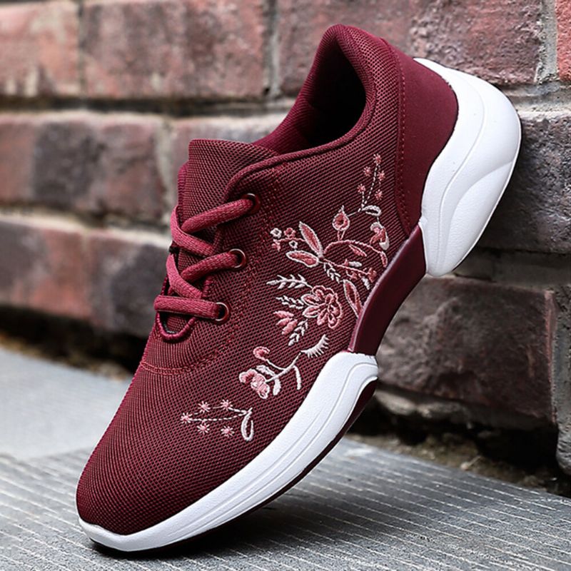 Zapatillas De Deporte Transpirables Ligeras Tejidas Con Flores Bordadas Casuales Para Mujer