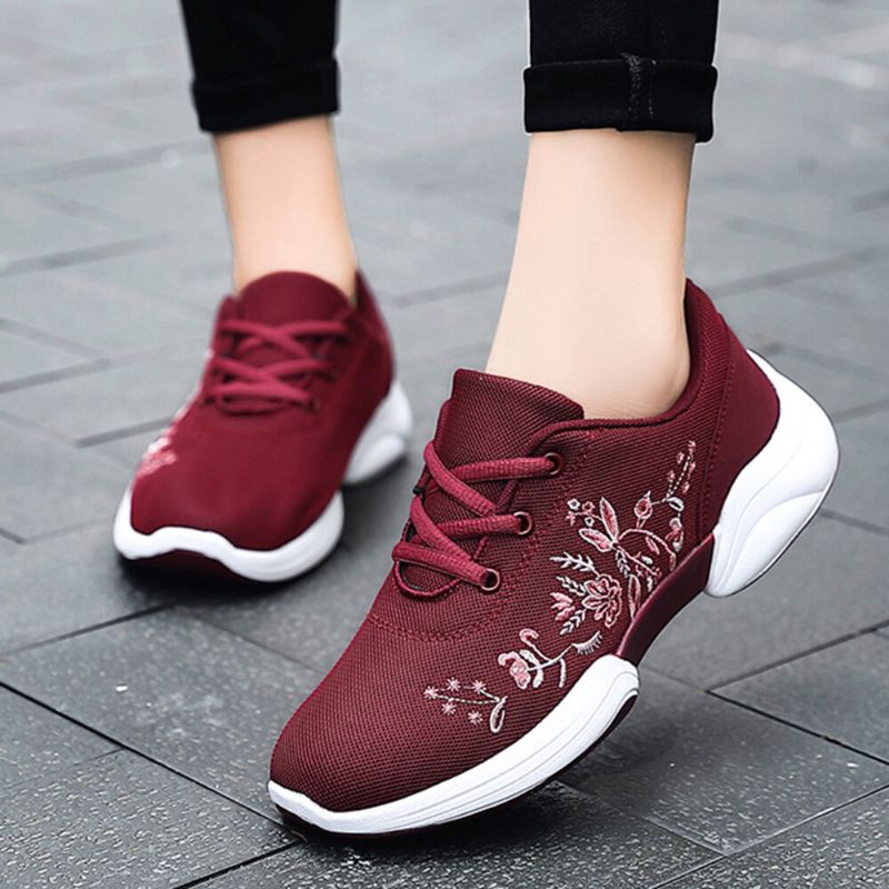 Zapatillas De Deporte Transpirables Ligeras Tejidas Con Flores Bordadas Casuales Para Mujer