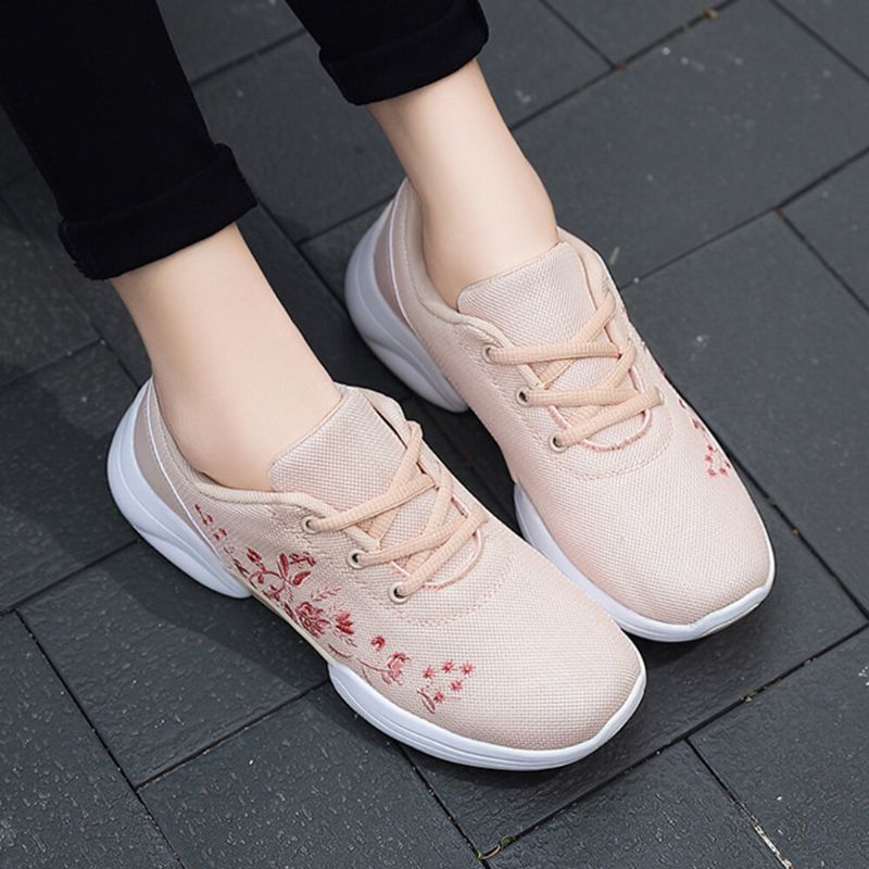 Zapatillas De Deporte Transpirables Ligeras Tejidas Con Flores Bordadas Casuales Para Mujer