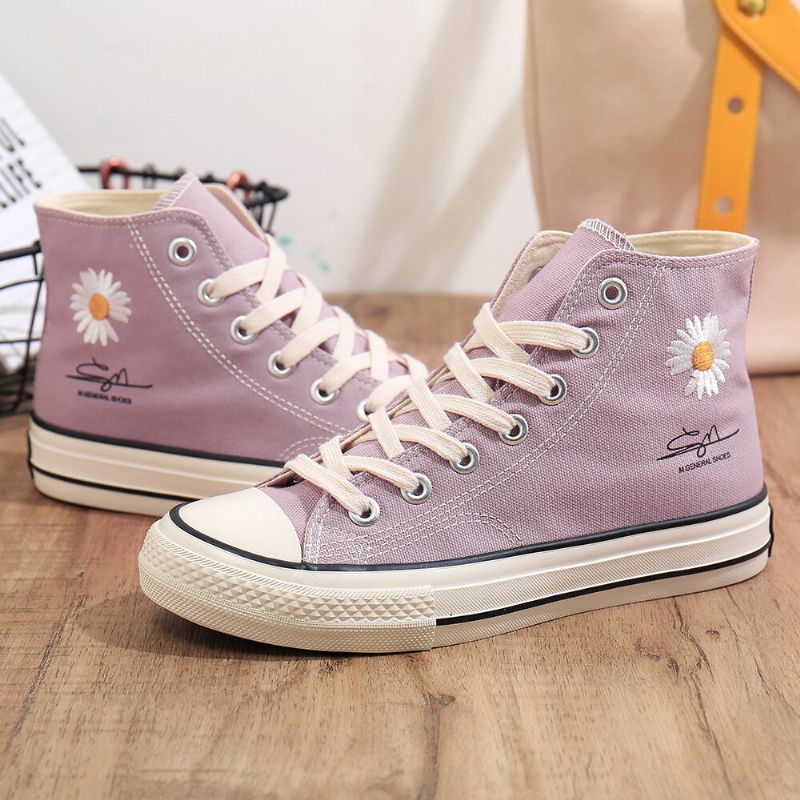 Zapatos De Lona Planos Con Cordones De Color Sólido Con Decoración De Margaritas De Punta Alta Para Mujer