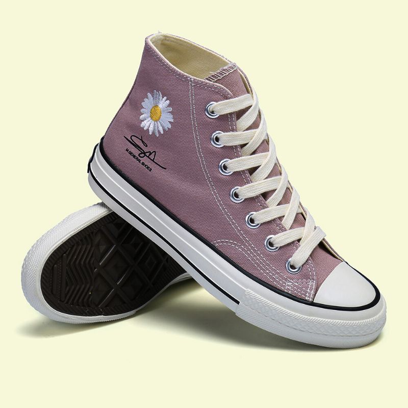 Zapatos De Lona Planos Con Cordones De Color Sólido Con Decoración De Margaritas De Punta Alta Para Mujer