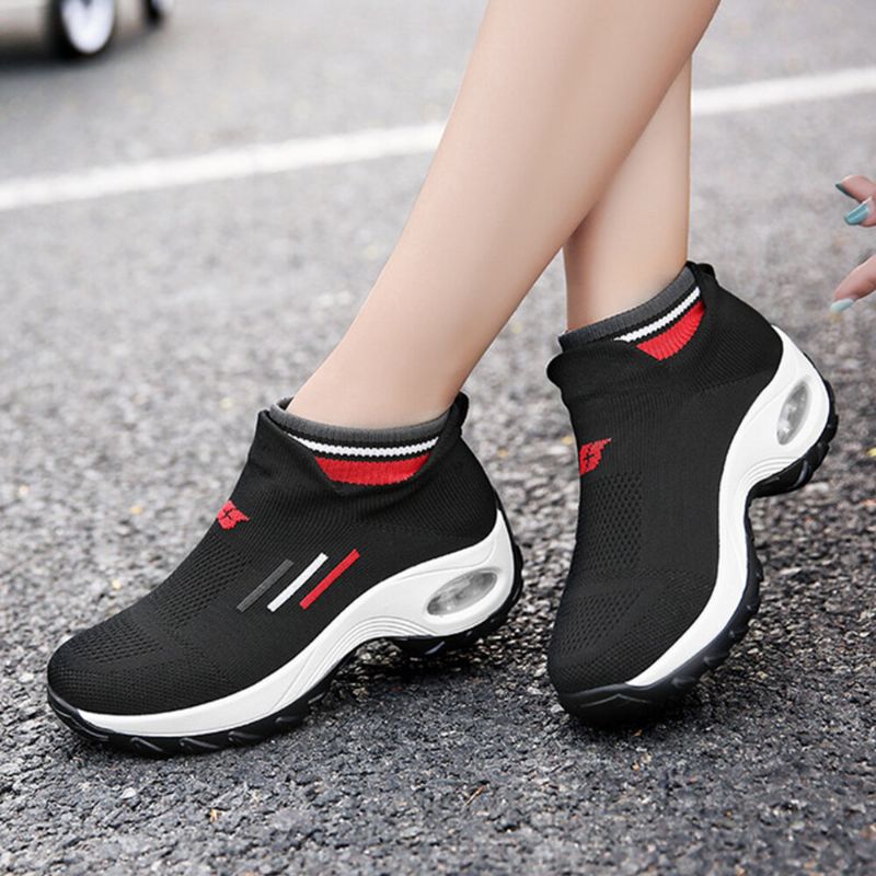 Zapatos Para Caminar Acolchados Con Parte Superior Alta De Rayas De Punto Transpirables Informales Para Mujer