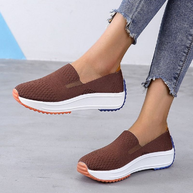 Zapatos Para Caminar Casuales Con Suela De Balancín De Punto Sólido Y Transpirable Para Mujer De Talla Grande