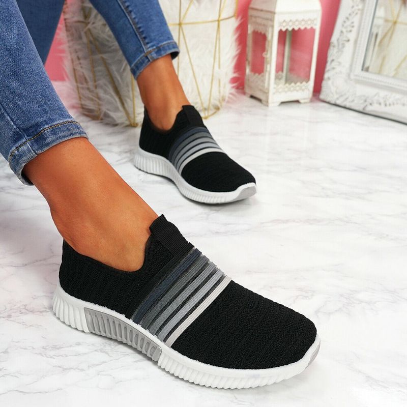 Zapatos Para Caminar Casuales Transpirables De Punto Con Rayas Arcoíris De Talla Grande Para Mujer