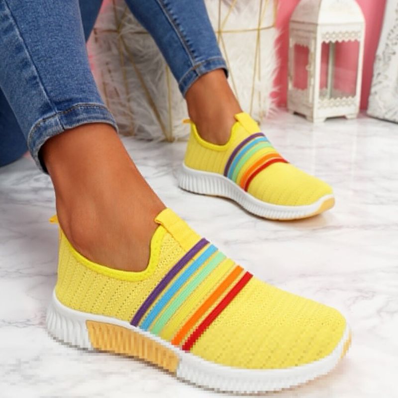 Zapatos Para Caminar Casuales Transpirables De Punto Con Rayas Arcoíris De Talla Grande Para Mujer