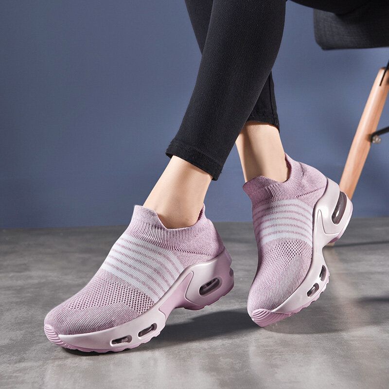 Zapatos Para Correr Deportivos De Punto A Rayas Cómodos Casuales Para Mujer