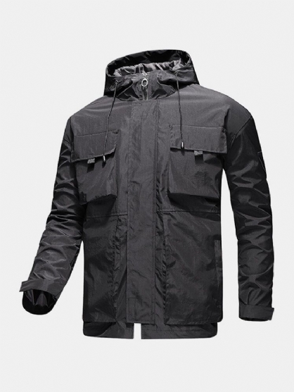 Chaquetas De Exterior Con Capucha Y Cordón Impermeable Para Hombre Con Estampado En La Espalda Y Bolsillos Con Solapa