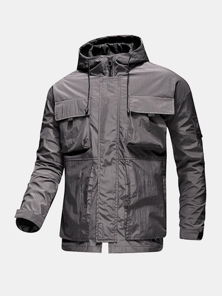 Chaquetas De Exterior Con Capucha Y Cordón Impermeable Para Hombre Con Estampado En La Espalda Y Bolsillos Con Solapa