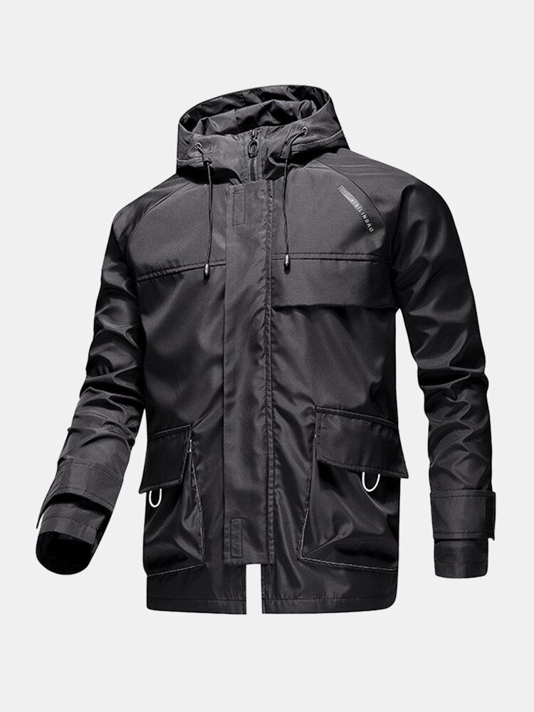 Chaquetas De Exterior Impermeables Con Capucha Y Cordón De Ajuste Relajado Con Cremallera Frontal Para Hombre Con Bolsillos Con Solapa