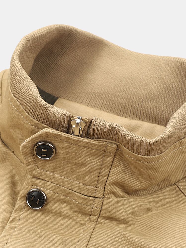 Chaquetas De Herramientas De Manga Larga Con Botones De Cremallera Y Cuello Alto De Color Sólido Multibolsillos Para Hombre De Algodón