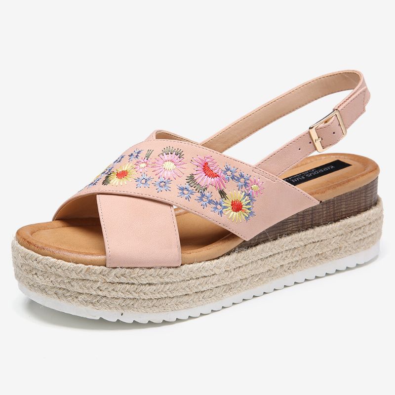 Alpargatas De Mujer Bordado Flores Correa Cruzada Slingback Sandalias Informales De Plataforma