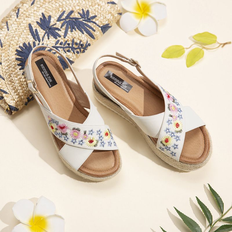 Alpargatas De Mujer Bordado Flores Correa Cruzada Slingback Sandalias Informales De Plataforma