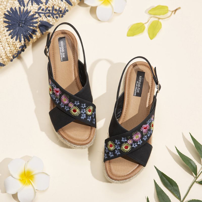 Alpargatas De Mujer Bordado Flores Correa Cruzada Slingback Sandalias Informales De Plataforma