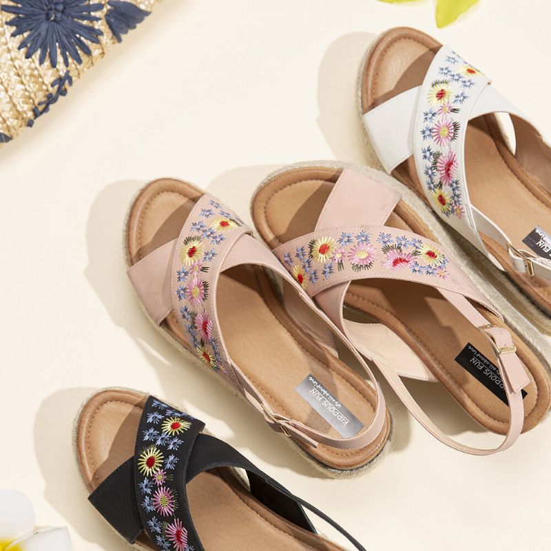 Alpargatas De Mujer Bordado Flores Correa Cruzada Slingback Sandalias Informales De Plataforma