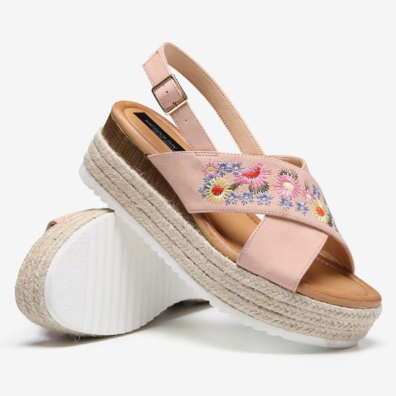 Alpargatas De Mujer Bordado Flores Correa Cruzada Slingback Sandalias Informales De Plataforma